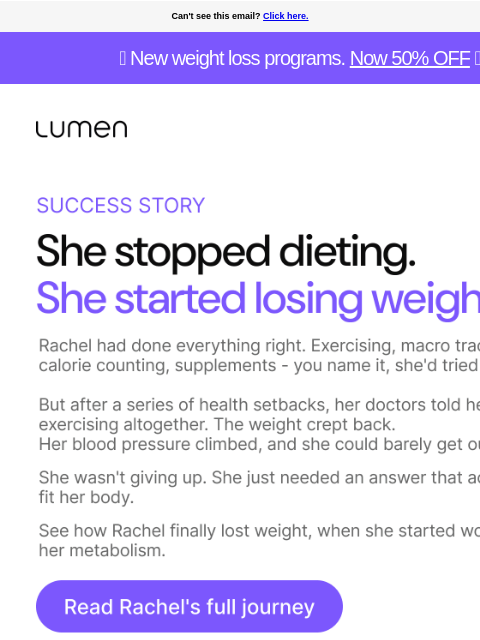 lumen newsletter: 70 lbs down, 5 medications behind her.