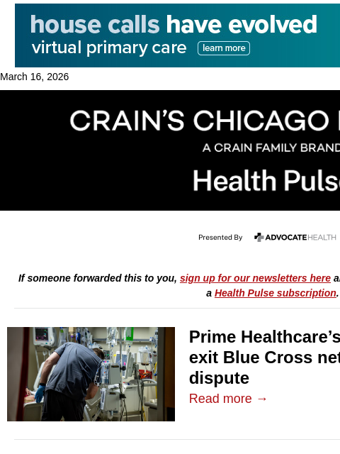 crainalerts newsletter: Prime, BCBSIL in contract dispute