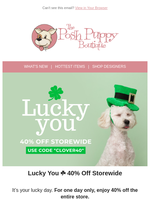 poshpuppyboutique newsletter: One Day Only ☘️ 40% Off Everything