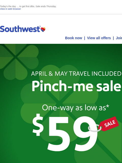 southwest newsletter: $59 sale. Save a bit o’ green! ☘️☘️