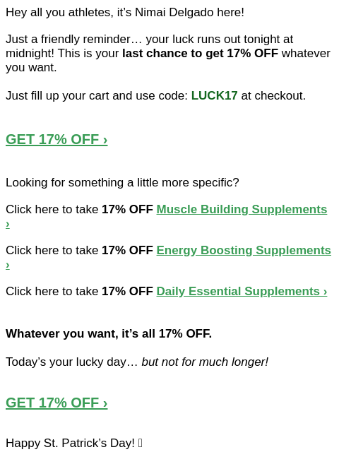 vedgenutrition newsletter: 17% OFF: Last Chance to Save some GREEN! 🍀