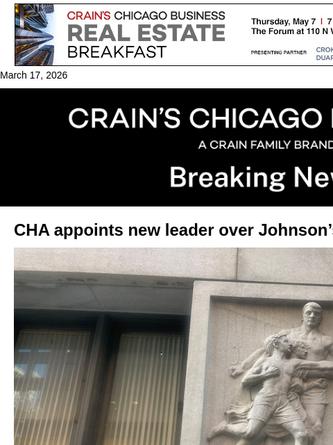 crainalerts newsletter: CHA names new CEO