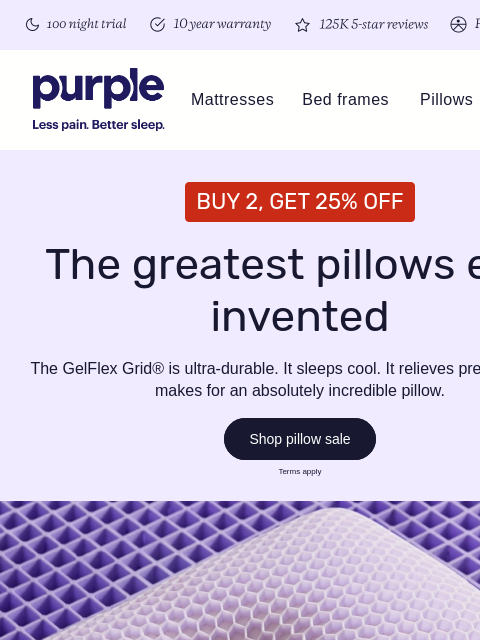 purple newsletter: Buy 2, get 25% off GelFlex Grid pillows