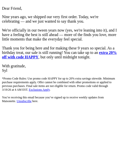 maisonette newsletter: Nine years. Thank you for being part of it.