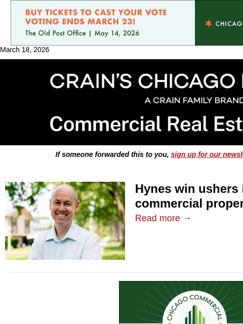 crainalerts newsletter: Hynes win ushers in new era for commercial propert...