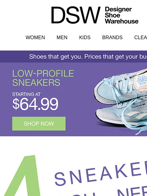 dsw newsletter: Starting at $64.99: low-profile sneaks
