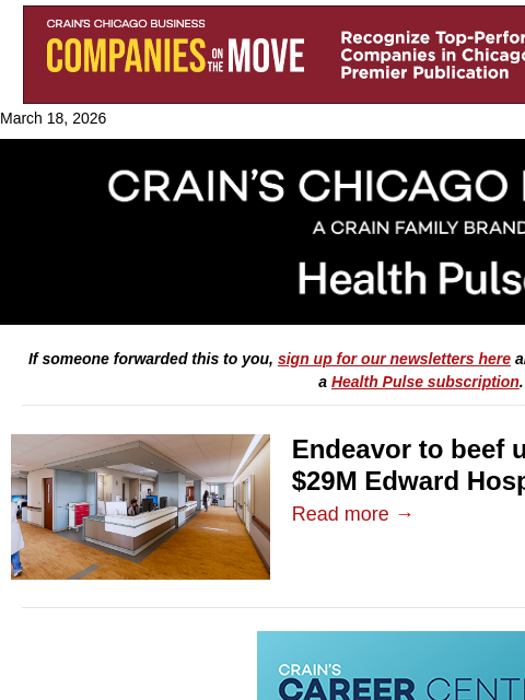 crainalerts newsletter: Endeavor plans Edward Hospital expansion