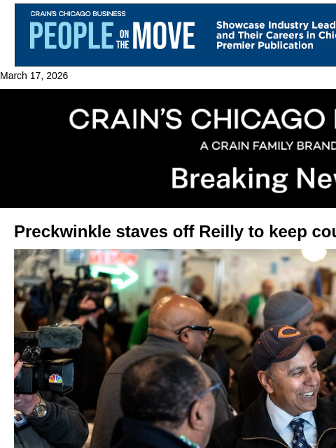 crainalerts newsletter: Preckwinkle wins in race for Cook County's top job