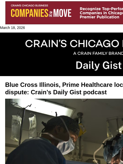 crainalerts newsletter: Blue Cross Illinois, Prime Healthcare locked in co...