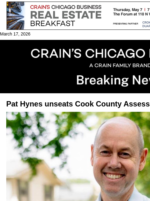crainalerts newsletter: Hynes unseats Kaegi in assessor's race