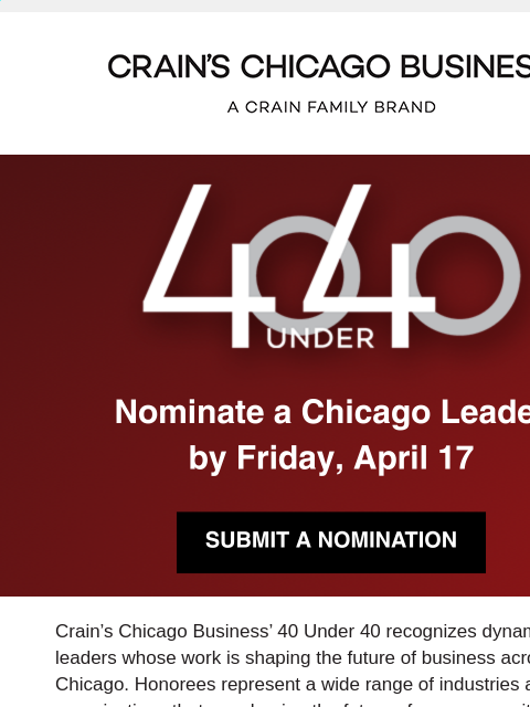 crainalerts newsletter: Who Will Be a Part of Chicago’s Next 40 Under 40?