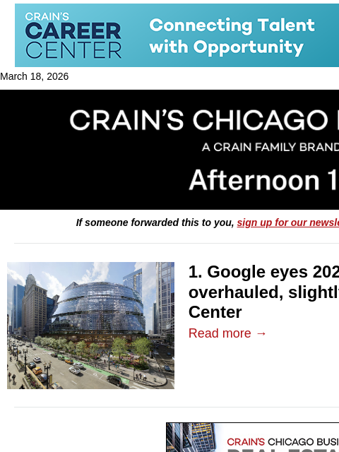 crainalerts newsletter: Google eyes Thompson Center move-in date