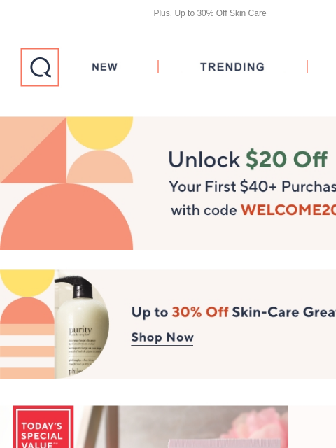 Plus, Up to 30% Off Skin Care QVC New TRENDING DEALS Unlock $20 off Your First Purchase Skincare PRAI TSV PRAI Watch & Win Header RMS Beauty LipNights Overnight Treatment Balm Duo RMS Beauty