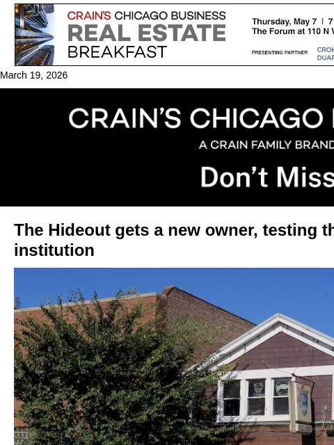 crainalerts newsletter: The Hideout gets a new owner
