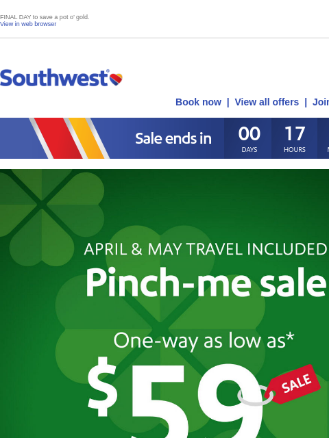 southwest newsletter: You’re in luck! ☘️$59 sale fares are still availab...
