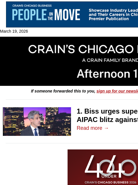 crainalerts newsletter: Biss urges super-PAC reform after AIPAC blitz