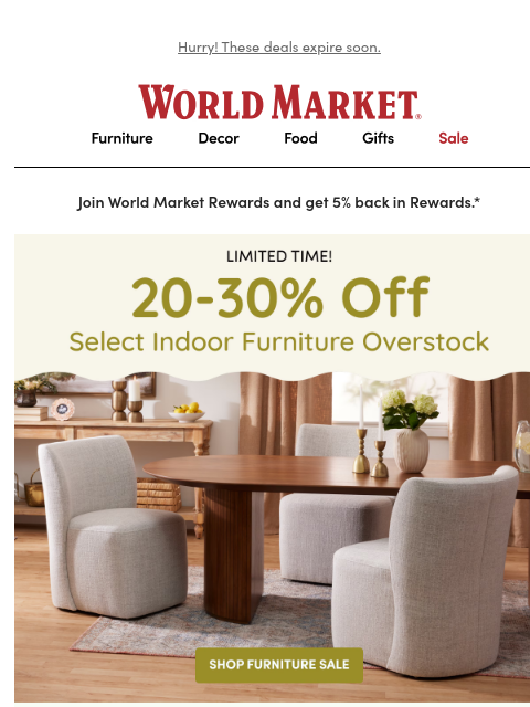 emailworldmarket newsletter: 👋 20-30% off select furniture