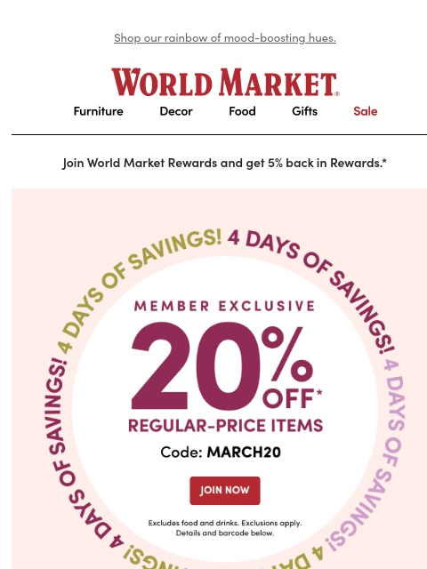 emailworldmarket newsletter: Get spring started with 20% off! 🌱🌷
