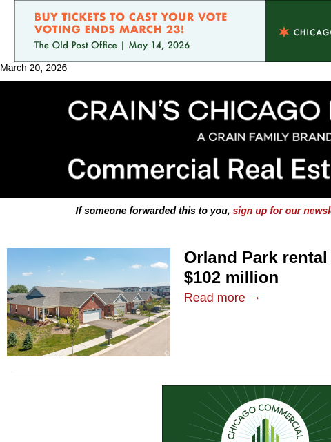 crainalerts newsletter: Orland Park rental home property sold for $102 mil...