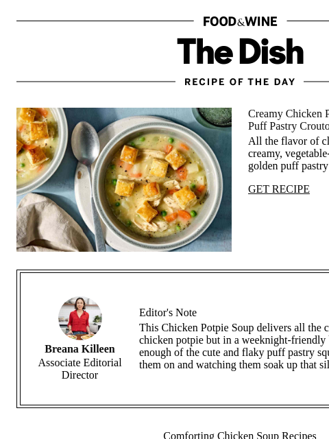 foodandwine newsletter: Creamy Chicken Potpie Soup