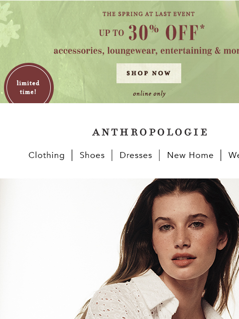 anthropologie newsletter: Spring at last! Up to 30% off fresh picks