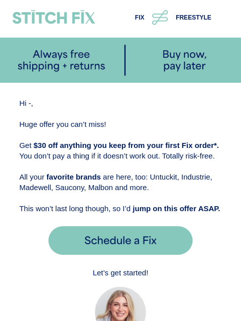 stitchfix newsletter: $30 off: Now’s your chance to try us out!