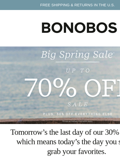 bonobos newsletter: Ends Soon: 30% Off Sitewide + Up to 70% Off Sale