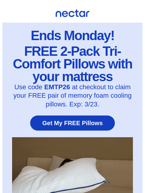 nectarsleep newsletter: You pick: King or Standard Pillows. 2 FREE with ma...