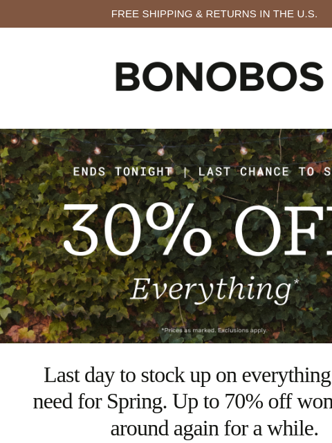 bonobos newsletter: Up to 70% Off Ends Tonight