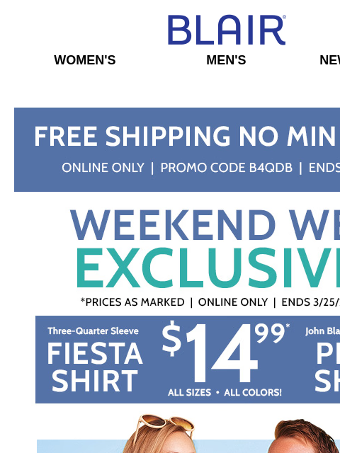 WOW! FREE SHIPPING + 75% Off BIG Spring SALE – Includes Markdowns & Clearance! Blair Women's Men's New Arrivals Free Shipping on Fiesta Three-Quarter Sleeve Shirt John Blair® Short-Sleeve