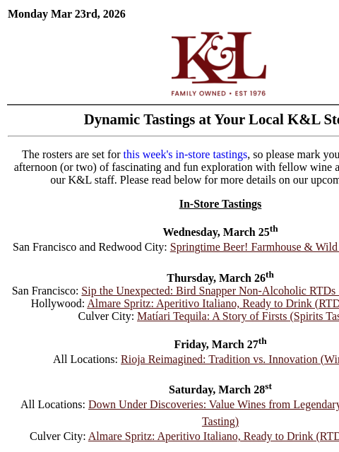 klwines newsletter: Springtime Beer, Rioja Reimagined, Down Under Disc...