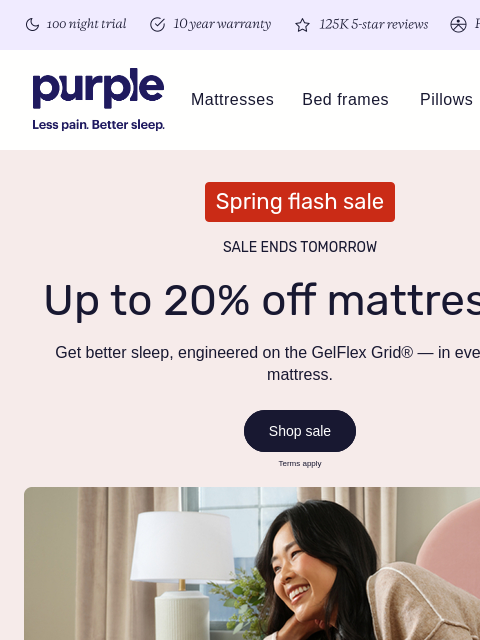 purple newsletter: ENDS TOMORROW! Up to 20% off mattresses
