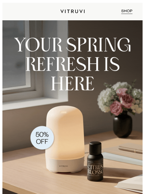 vitruvi newsletter: Enjoy 50% OFF Glow Diffuser + Blend/Oil 🌟