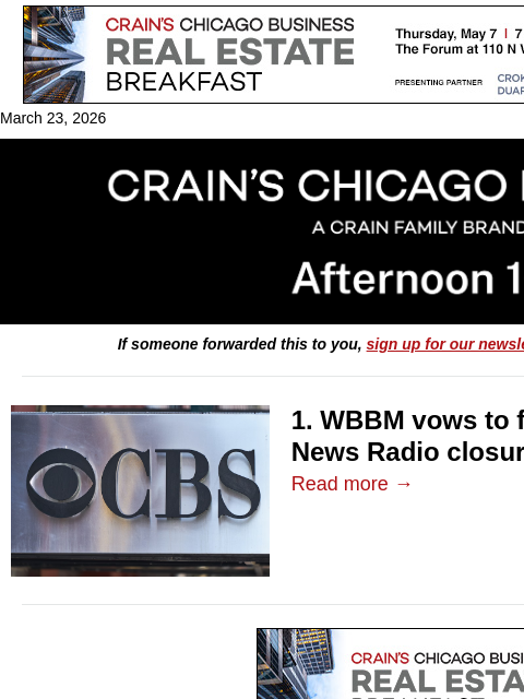 crainalerts newsletter: WBBM's post-CBS radio closure plans