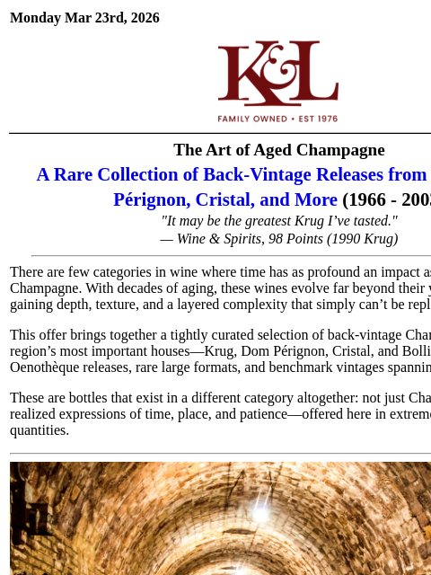 klwines newsletter: Back-Vintage Champagne from Krug, Dom Pérignon & C...
