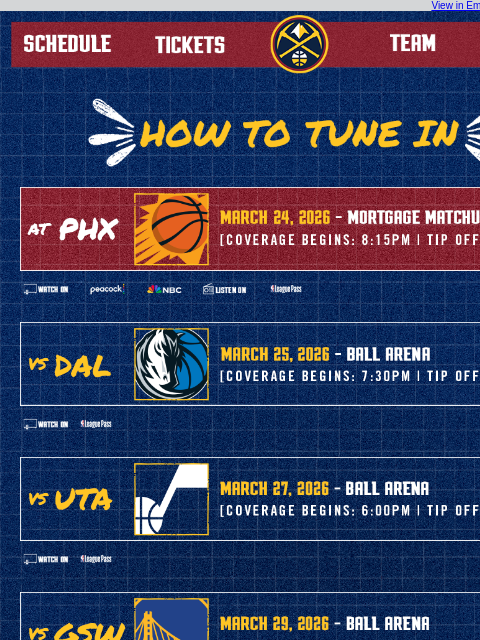 thedenvernuggets newsletter: Tune In as the Nuggets Take On the Suns, Mavericks...