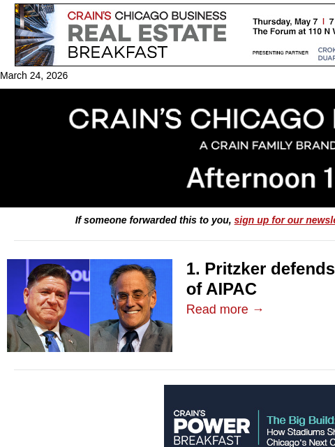 crainalerts newsletter: Pritzker defends ally's AIPAC support