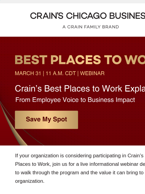 crainalerts newsletter: Crain’s Best Places to Work Explained: Join Our Ma...