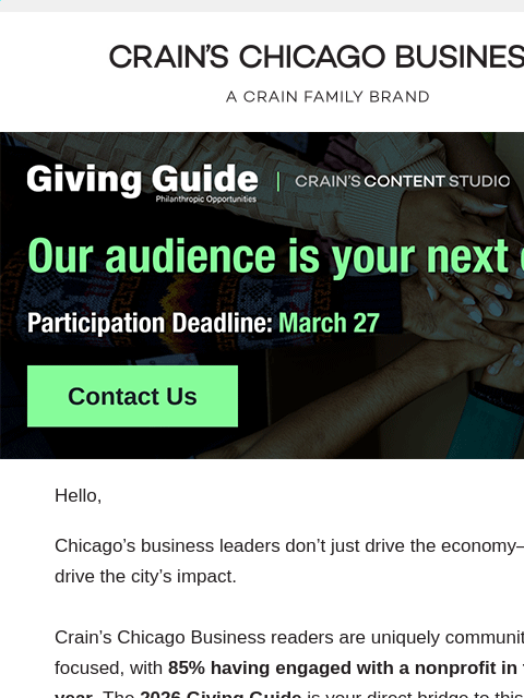 crainmarketing newsletter: [Deadline Friday] Reach Chicago’s most influential...