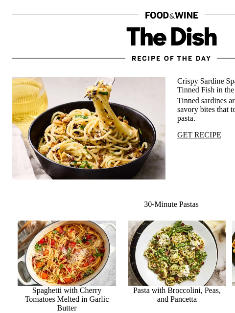 foodandwine newsletter: Crispy Sardine Spaghetti Aglio e Olio