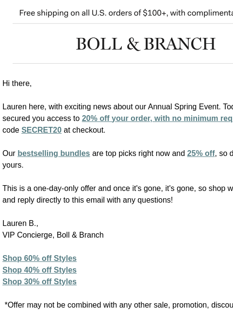 bollandbranch newsletter: Flash offer: 20% off, no minimum spend