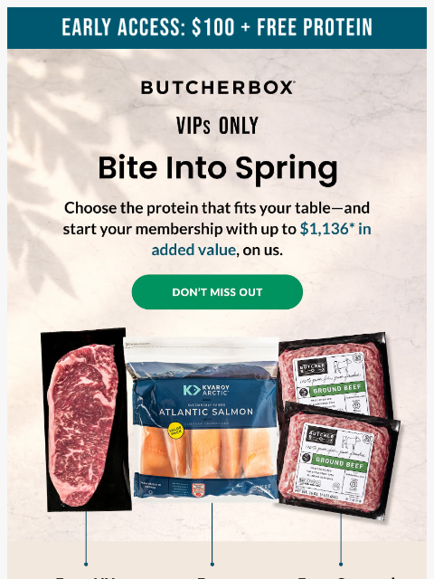 butcherbox newsletter: CATCH! $100 off + FREE protein.