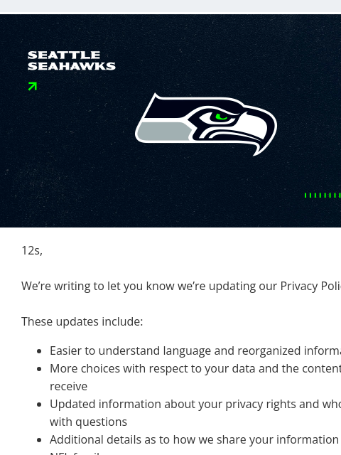 seahawksemail newsletter: Updates To Our Privacy Policy