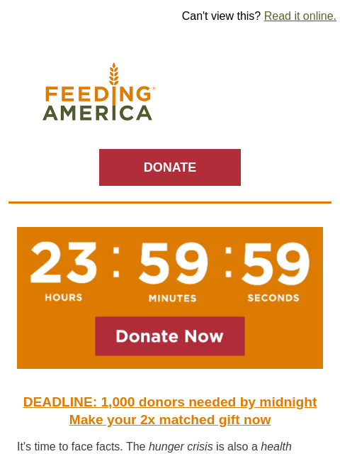 feedingamerica newsletter: Help provide 2x the meals before midnight