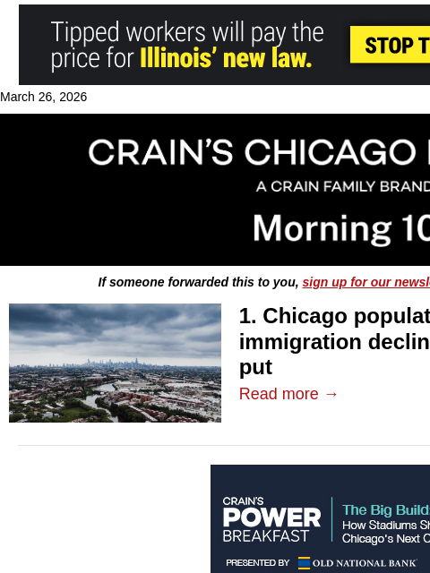 crainalerts newsletter: Chicago region grows despite immigration drop
