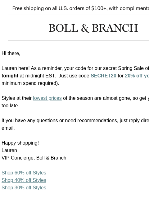 bollandbranch newsletter: Your 20% off code ends tonight ⏰
