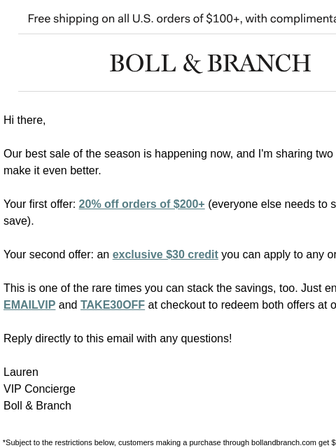 bollandbranch newsletter: $30 + 20% off for Spring VIPs