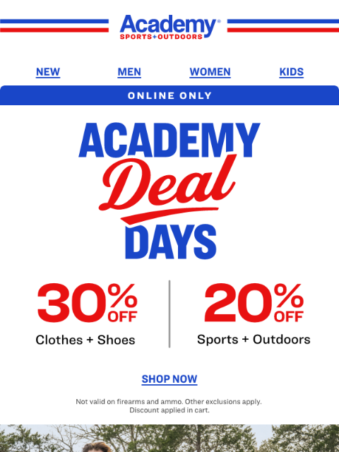 academy newsletter: Online: 30% Off clothes + Shoes | 20% Off Sports +...