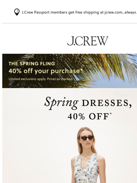 jcrew newsletter: 40% off trending spring dresses