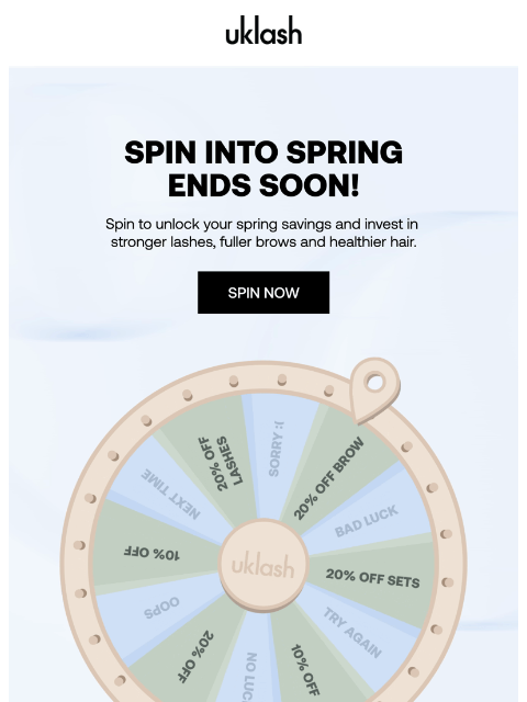 uklash newsletter: Ends tomorrow! Spin to win and save 🌀💙